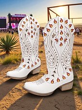 baratos Para mulheres-Botas de cowboy femininas bordadas com chamas pretas - botas retrô de festival até o joelho com salto baixo para festivais de música, fantasias de Halloween e cosplay