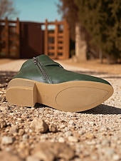 abordables Botines-Botines marrones de piel sintética para mujer: botines de tacón bajo con hebilla y cremallera lateral para salidas de otoño, paseos por el campo y uso diario.
