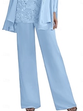 abordables Moins de 129,99 $-Tailleur-pantalon trois pièces robe mère de la mariée élégante col rond longueur sol polyester manches longues avec perles