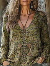 abordables Tops bohèmes-Femmes Chemisier Fleuri Bohème ancien manche longue Col en V Hauts Réguliers Quotidien Fête Imprimé Vert herbe Vert Claire Vin Vert Véronèse Rouge Été Printemps Automne