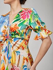abordables Robes décontractées-Femmes Féminin Robe Décontractée Robe Midi Arc-en-ciel Manche Courte Floral Été Printemps Inter-saisons Col en V Vacances Bohème XS S M