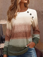 tanie Koszulka w paski i geometryczna-Damskie Tunika Podkoszulek Ombre Graficzny Geometryczny Zabytkowe Elegancki Klasyczny Długi rękaw Półgolf Okrągły dekolt Zwykłe topy Codzienny Wyjściowe Weekend Guziki Nadruk Niebieski Brązowy Khaki