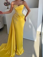 abordables Robes de bal-Robe de Soirée Sirène  Trompette Élégante Robe Formelle Mariage Longueur de Sol Sans Manches Sans Bretelles Robe de Mère de la Mariée Satin avec Paillettes Brillantes Froncé