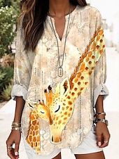 voordelige Dieren Toppen-Dames Blouse Grafisch dier Elegant Stijlvol Modern Lange mouw V-hals Normale tops Dagelijks Feestdagen Afdrukken Geel blauw Khaki Regenboog Zomer Lente