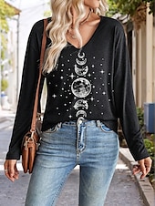 billige Kunst &amp; Design t-skjorte-Dame T skjorte Grafisk Stjerne MOON Årgang Stilfull Fritid Langermet V-hals Vanlige topper Daglig Trykt mønster Svart Grå Vår Høst