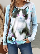 billige Dyrene tee-Dame T skjorte Blomstret Grafisk Katt Årgang Stilfull Klassisk Langermet Crew-hals Vanlige topper Daglig Helg Trykt mønster Rosa Blå Lilla Grønn Vår Høst