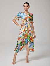 abordables Robes décontractées-Femmes Féminin Robe Décontractée Robe Midi Arc-en-ciel Manche Courte Floral Été Printemps Inter-saisons Col en V Vacances Bohème XS S M