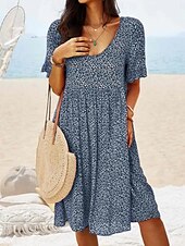 abordables Robes fleuries-Femmes Mini Robe Robe ajustée et évasée Occasionnel Extérieur Sortir Coupe régulière Fleuri Manche Courte Col Rond Bleu Ciel Jaune Rouge Bleu de minuit Été Printemps