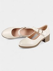 levne Block Heels-Dámské Podpatky Bílé boty Kancelář Práce Přezky Blokovat patu Oblá špička Pohodlné Chůze Kůže Spona Černá Béžová
