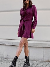 cheap Plain Dress-Women&#039;s Mini Dress Shirt Dress Casual Dress Fashion Modern Daily Beach Weekend Regular Fit Plain Long Sleeve Shirt Collar Red Brown Spring Fall