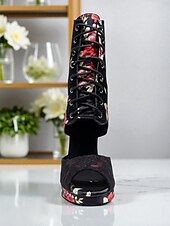 abordables Bottines de danse-Bottes de danse florales pour femmes - Chaussures de danse latine professionnelles à talons hauts et bout ouvert en satin avec imprimé rose élégant, idéales pour la salsa, le tango et les spectacles