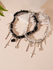 economico Collana da donna-Collana girocollo in pietra nera punk gotica da donna con ciondoli a forma di croce, cuore e stella - gioiello importante per feste, discoteche e serate fuori