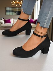 baratos Block Heels-Sapatos Mary Jane femininos de salto bloco vermelho - sapatos sociais de camurça sintética com bico redondo e tira no tornozelo, estilo vintage para escritório, festas e uso diário