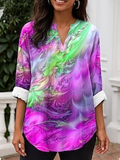 abordables Hauts d&#039;Art et de Design pour Femmes-Femmes Chemisier A Ombre Graphique ancien Quotidien Élégant manche longue Col en V Hauts Réguliers Quotidien Fête Imprimé Bleu Violet Orange Vert Printemps Automne