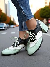 preiswerte 1950er Jahre-Zweifarbige Oxford-Schuhe mit Blockabsatz für Damen – Retro-Schnürschuhe in Mintgrün und Metallic für den Streetstyle im 50er-Jahre-Stil, Alltagsoutfits und legere Anlässe