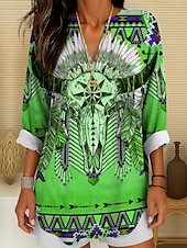 preiswerte Damen Boho Tops-Damenshirt Langarm Tunika Tops Grafik Geometrisch Totenkopf Bohemia Vintage Tropisch V-Ausschnitt Regelmäßige Tops Täglicher Urlaub Strandmode Druck Gelb Rot Blau Lila Grün Sommer Frühling