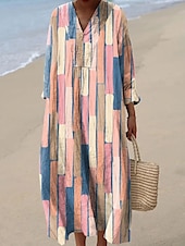 preiswerte Streifen- und geometrische Kleider-Damen Midikleid Freizeitkleid Sommerkleid A Linie Kleid Urlaub Lässig Boho Party Strand Lässiger Schnitt Grafik Geometrisch Langarm V Ausschnitt Schwarz Gelb Rosa Rote Sommer Frühling Herbst