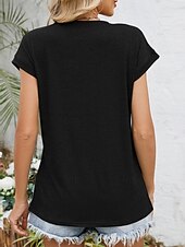 abordables T-shirt uni-Femmes Hauts d&#039;été Couleur Unie Élégant Occasionnel Manche Courte Col en V Hauts Réguliers Quotidien Froncé Vert cendré Noir Blanche Vin Été Printemps
