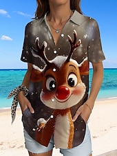 cheap Animals Tops-Christmas Women&#039;s Shirt Long Sleeve Button Down Blouse Graphic Animal 3D Vintage Tropical Daily Sleeveless Short Sleeve Shirt Collar Regular Tops Daily Sage Green Brown Green Summer Spring Winter