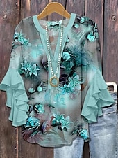 ieftine Topuri florale-Paște Pentru femei Bluză Floral Grafic Elegant Boemia Έθνικ Lungime Manșon 3/4 În V Topuri obișnuite Zilnic Concediu Îmbrăcăminte de vacanță Bufantă Imprimeu Galben Roz Îmbujorat Maro Deschis