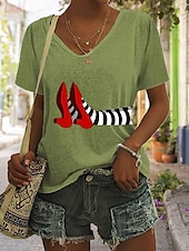 abordables T-shirt Art &amp; Design-Halloween Femmes T-shirt Graphique Halloween ancien Élégant Classique Manche Courte Col en V Hauts Réguliers Quotidien Imprimé Noir Blanche Bleu Vert Été Printemps