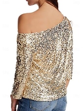 halpa Yksinkertaiset paidat-Naisten Paljetti Kimalteleva Juhla Glitter Paljetti sparkly Tyylikäs Pitkähihainen kylmä olkapää Tavalliset topit Päivittäin Pyhäpäivä Hopea Musta Punastuvan vaaleanpunainen Viini Kulta Kevät Syksy