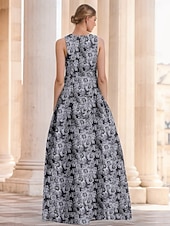abordables FLORALES-Robe de soirée A-Line en jacquard floral verte élégante Robe de mariage formelle longueur au sol sans manches en V en nylon avec poche fente Robe invitée de mariage