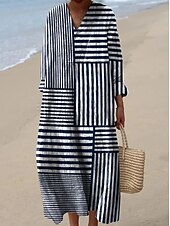 economico Abiti a Strisce e Geometrici-Per donna Abito Midi Vestito Estivo Abito a trapezio Vacanza Casual Boho Uscire Spiaggia Grafico Geometrico Manica Lunga Scollo a V Blu Fucsia Arancione Estate Primavera Autunno