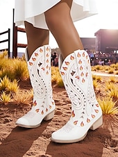 baratos Para mulheres-Botas de cowboy femininas bordadas com chamas pretas - botas retrô de festival até o joelho com salto baixo para festivais de música, fantasias de Halloween e cosplay