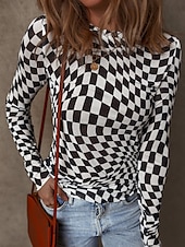 preiswerte Damen Streifen- und geometrische Oberteile-Damen Bluse Karomuster Stilvoll Lässig Langarm Rundhalsausschnitt Normale Oberteile Täglich Druck Schwarz Rosa Aprikose Sommer Frühling Herbst