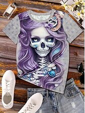 abordables Hauts d&amp;#39;Halloween-Halloween Femmes T-shirt Fleuri Graphique Crâne ancien Élégant Classique Manche Courte Col ras du cou Col rond Hauts Réguliers Quotidien Week-end Imprimé Noir Violet Gris Été Automne