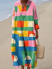 preiswerte Streifen- und geometrische Kleider-Damen Midikleid Sommerkleid A Linie Kleid Urlaub Lässig Boho Party Strand Lässiger Schnitt Grafik Geometrisch Abstrakt Langarm V Ausschnitt Rosa Rote Blau Orange Sommer Frühling Herbst