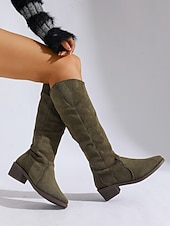 billiga Cowboy &amp; Western Boots-Olivgröna knähöga damstövlar i konstmocka – western cowboystil med låg klack, bekväma höst- och vinterskor