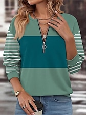 abordables Hauts Rayés et Géométriques-Pull à zip quart pour femme graphique géométrique à rayures décontracté manches longues col rond hauts réguliers mode de rue vêtements quotidiens demi-imprimé rose bleu fuchsia orange vert automne