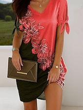 abordables Robe Fleurie-Femmes Mini Robe Robe Décontractée Robe T-Shirt Robe d&#039;été Élégant Vacances ancien Épaules dénudées Coupe régulière A Ombre Fleuri Graphique Manche Courte Col en V Rose Claire Rouge Bleu Violet Ét