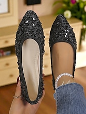 abordables Ballerines femme-Ballerines à bout pointu et paillettes noires pour femmes - élégantes chaussures de soirée à enfiler pour une marche confortable, idéales pour les mariages, les soirées et les tenues de vacances