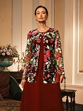 abordables Blazers et Costumes-Femmes Blazer Respirant Dentelle Broderie Élégant Fleuri Formel Régulier Col Rond Coupe Ample manche longue Vêtements d&#039;extérieur Rouge Bordeaux Été Printemps