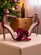 abordables cocktail-Sandales à talons hauts en velours rouge pour femmes, avec bride à la cheville - talons aiguilles élégants pour les fêtes de Noël et les occasions formelles