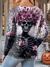 billige Kunst &amp; Design t-skjorte-Halloween Dame T skjorte Blomstret Grafisk Hodeskaller Årgang Mote Stilfull Langermet Crew-hals Vanlige topper Daglig Trykt mønster Rosa Lilla Oransje Grønn Sommer Vår Høst