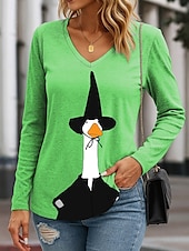 abordables Hauts d&amp;#39;Halloween-Halloween Femmes T-shirt Graphique Halloween Canard Élégant ancien Western manche longue Col en V Hauts Réguliers Quotidien Sortir Week-end Imprimé Bleu Violet Vert Kaki Printemps Automne