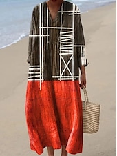 economico Abiti a Strisce e Geometrici-Per donna Abito Midi Vestito Estivo Abito a trapezio Vacanza Casual Boho Uscire Spiaggia Grafico Geometrico A righe Manica Lunga Scollo a V Nero Giallo Rosa Rosso Estate Primavera Autunno
