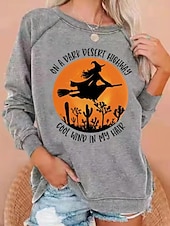 billige Kunst og design topper-Dame Genser med genser Grafisk Halloween Mote Fritid Langermet Crew-hals Rund hals Vanlige topper Avslappet Trykt mønster Hvit Lysegrønn Vin Blå Lysegrå Høst Vinter