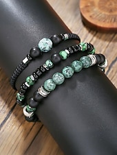 cheap Men&#039;s Jewelry-Men’s Green Stone Beaded Bracelet Set – 3-Piece Adjustable Natural Stone &amp; Alloy Wristbands for Boho Style, Ideal for Daily Wear, Gifts and Festivals