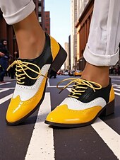 abordables Années 1950-Richelieus Oxford en cuir verni jaune pour femme – Chaussures habillées à lacets et bout golf colorblock, style vintage britannique des années 1950 pour le bureau, l&#039;école et le streetwear