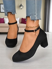 baratos Block Heels-Sapatos Mary Jane femininos de salto bloco vermelho - sapatos sociais de camurça sintética com bico redondo e tira no tornozelo, estilo vintage para escritório, festas e uso diário