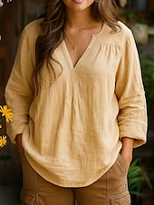 economico Camicie-Per donna Camicia Semplice Quotidiano Manica Lunga Scollo a V Top Regolari Lavoro Ferie Arricciato Giallo Rosa Blu Viola Primavera Autunno