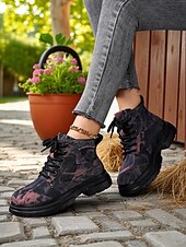 cheap Combat Boots-Women&#039;s Tie-Dye Canvas Work Boots with Chunky Sole – Casual Lace-Up Outdoor Boots for Harvest Festival, Farm Work and Fall Outings