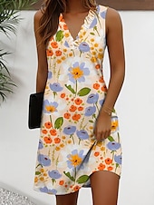 abordables Robes fleuries-Femmes Mini Robe Robe d&#039;Été Robe fourreau Vacances Occasionnel Quotidien Coupe régulière Fleuri Graphique Sans manches Col en V Jaune Rouge Bleu Vert Été Printemps