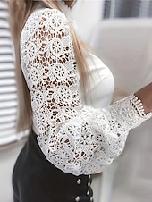 voordelige Kant Tops-Dames Overhemd Zomer tops Kanten topjes Effen Dagelijks Stijlvol Basic Lange mouw Strakke ronde hals Normale tops Werk Dagelijks Feestdagen Knop Kanten rand Wit Lente Herfst