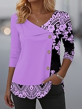 preiswerte Boho-T-Shirt-Damen T Shirt Grafik Stammes Elegant Mode Lässig Langarm Rundhalsausschnitt V Ausschnitt Normale Oberteile Täglich Patchwork Knöpfe Druck Schwarz Rosa Blau Purpur Grün Frühling Herbst Winter